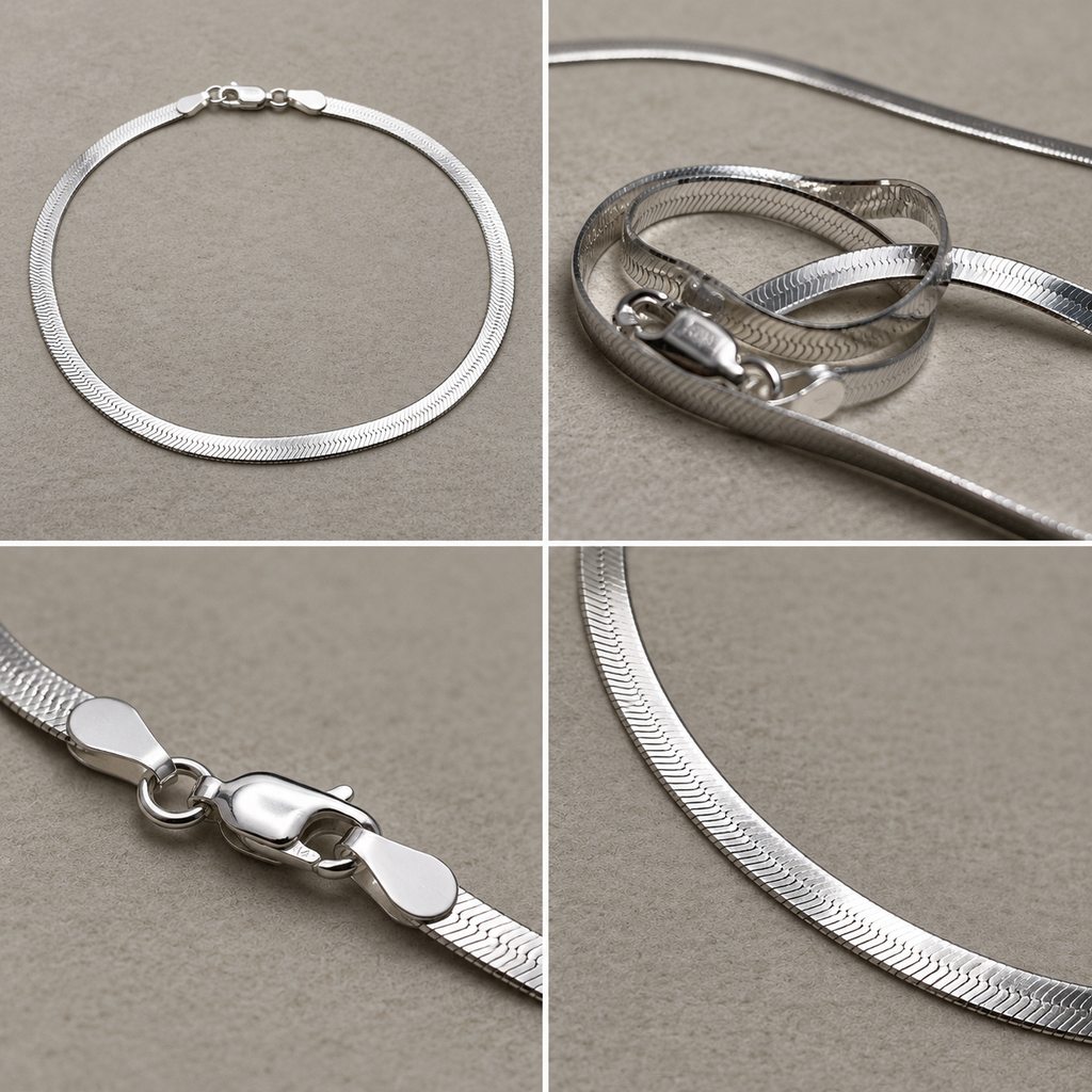 Four views of the flat herringbone silver anklet: the full loop, the chain coiled, the clasp and the links close up.