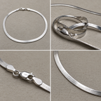Four views of the flat herringbone silver anklet: the full loop, the chain coiled, the clasp and the links close up.