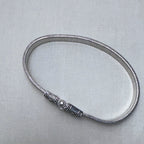 The flat snake silver anklet laid in a full loop with the clasp closed.