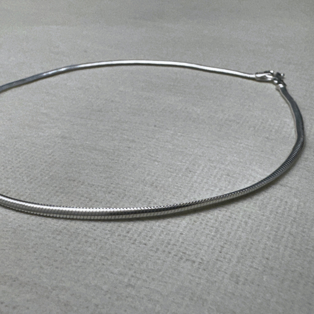 The round snake chain silver anklet laid in an oval, clasp at the right.