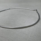 The round snake chain silver anklet laid in an oval, clasp at the right.