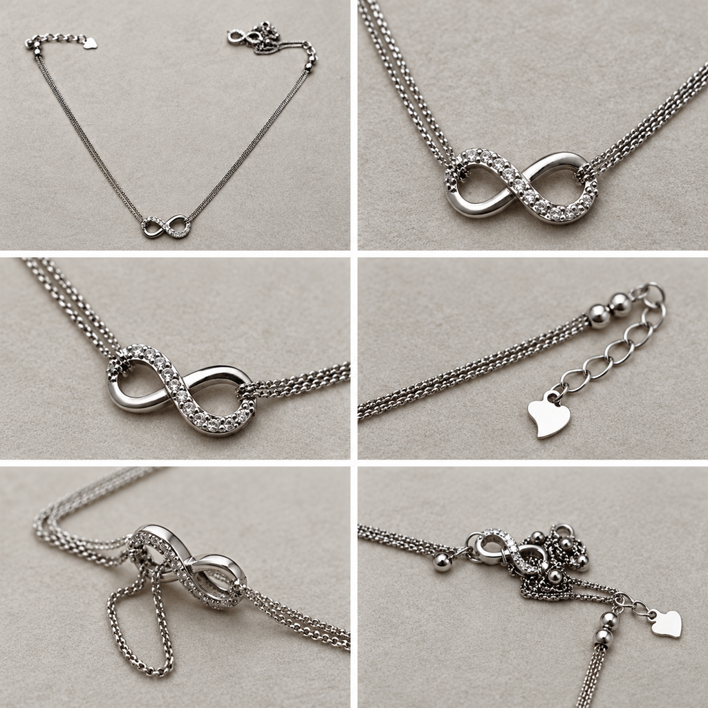 Six views of the love knot American Diamond silver anklet: full length, the centrepiece, the clasp and the chain.