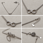 Six views of the love knot American Diamond silver anklet: full length, the centrepiece, the clasp and the chain.