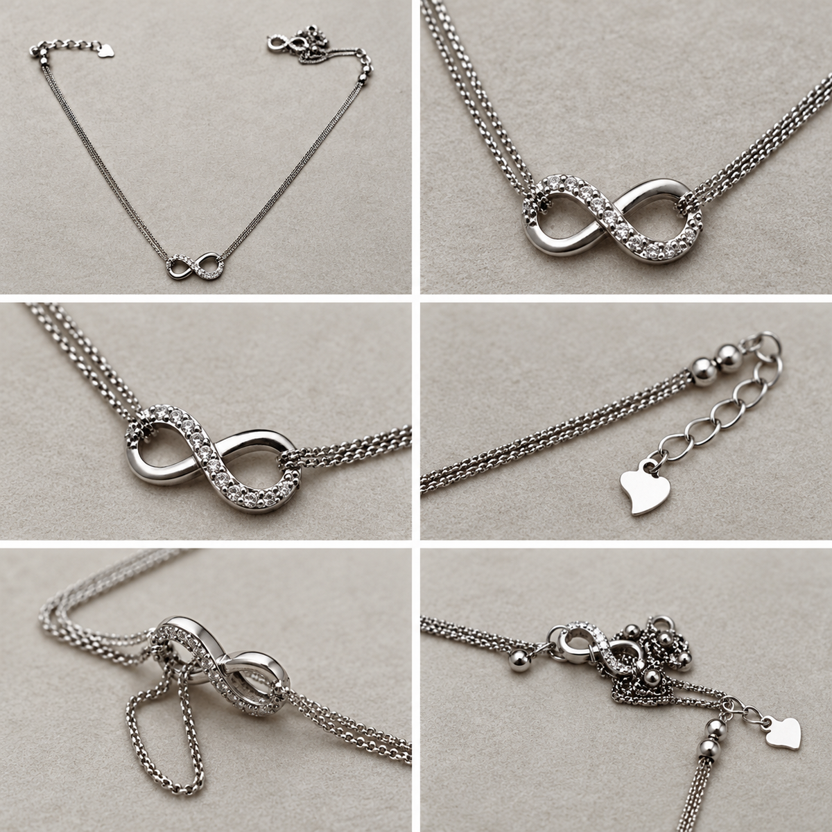 Six views of the love knot American Diamond silver anklet: full length, the centrepiece, the clasp and the chain.