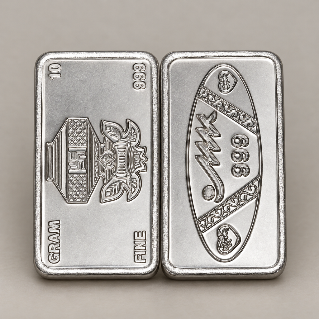 Face and reverse of the 10 gram 999 fine silver bar side by side.