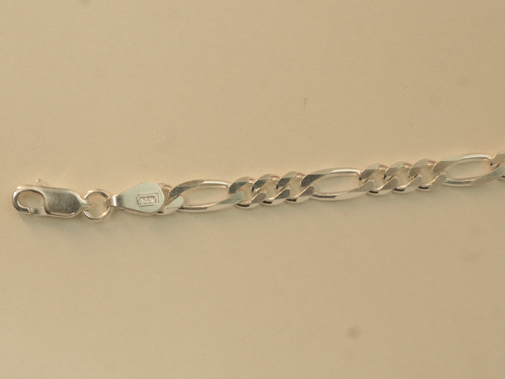 Close view of the lobster clasp and the stamped end tab on the figaro chain bracelet.