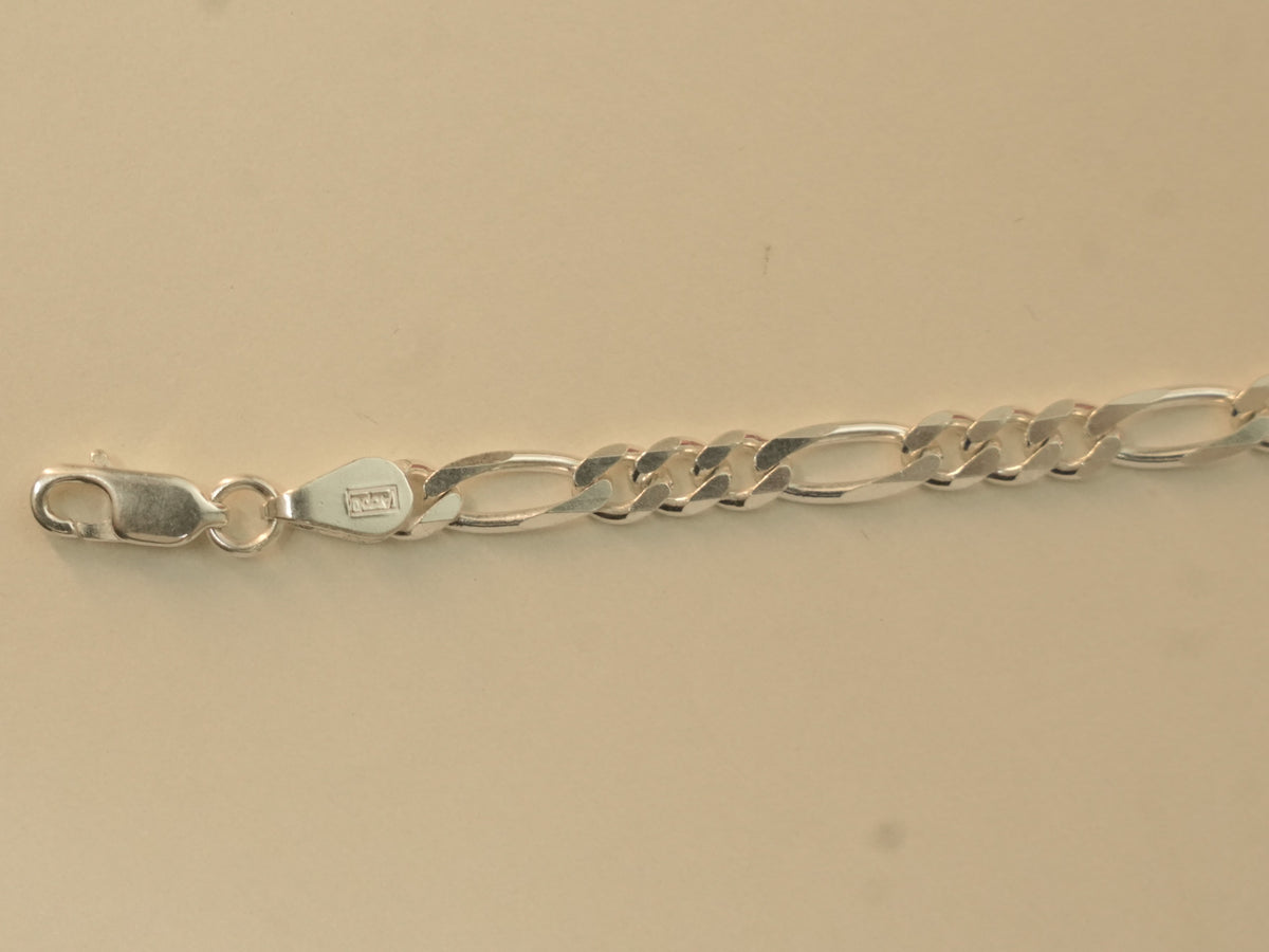 Close view of the lobster clasp and the stamped end tab on the figaro chain bracelet.