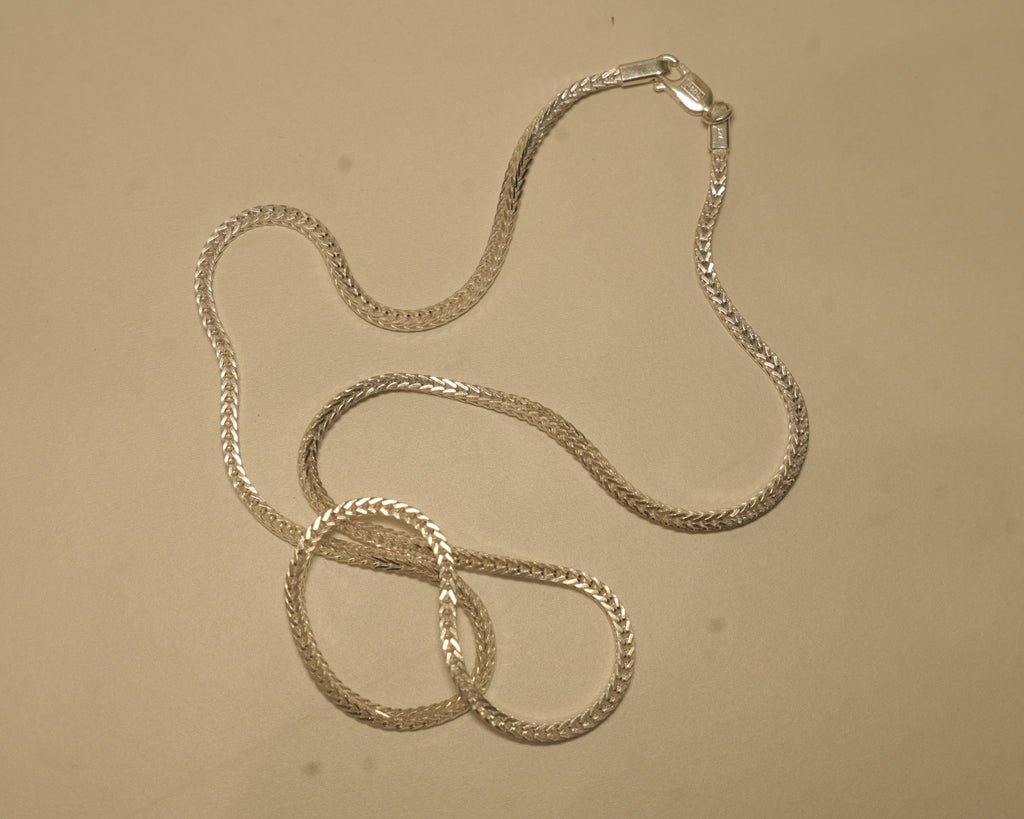 The silver foxtail chain coiled with the clasp at the top of the frame.