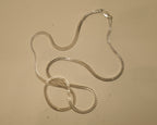 The silver foxtail chain coiled with the clasp at the top of the frame.