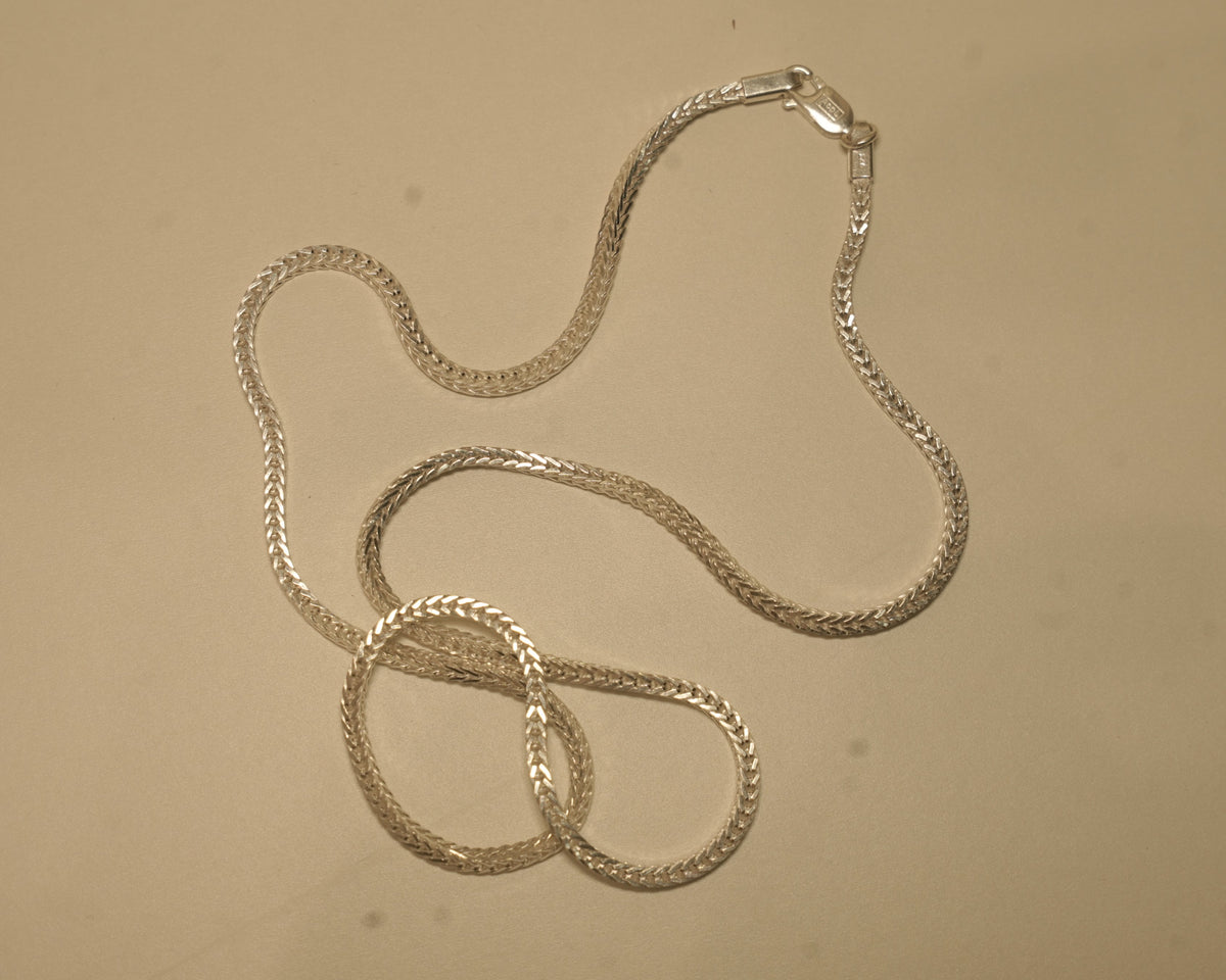 The silver foxtail chain coiled with the clasp at the top of the frame.