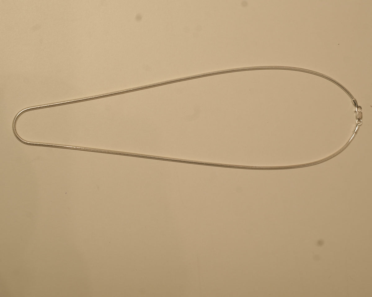 The silver snake chain laid out in a long oval to show how it falls.