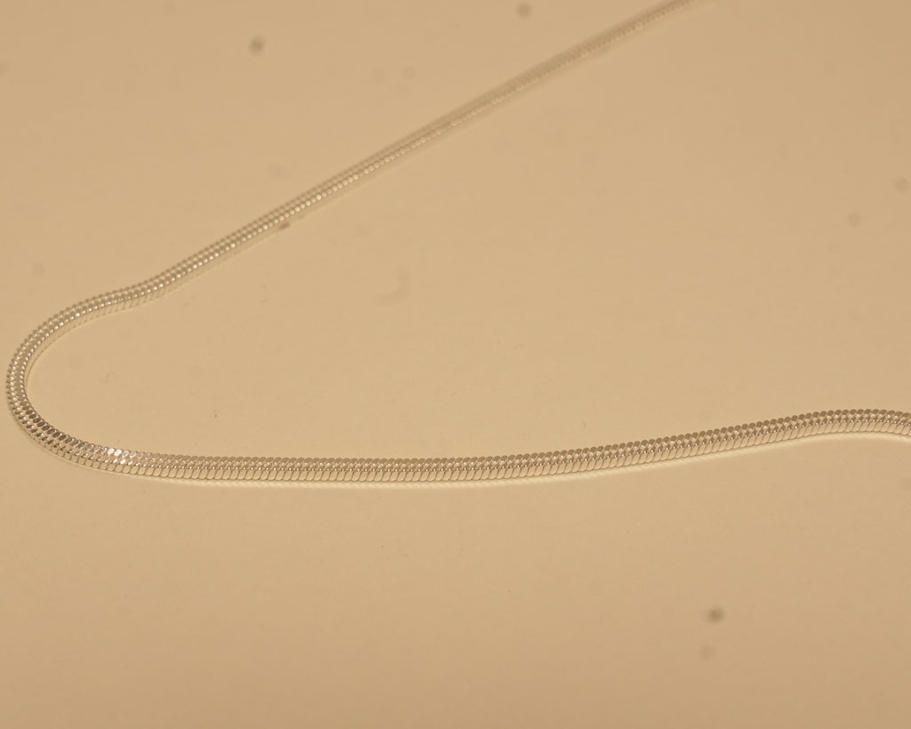 Close view of the silver flat snake chain curving across a pale surface.