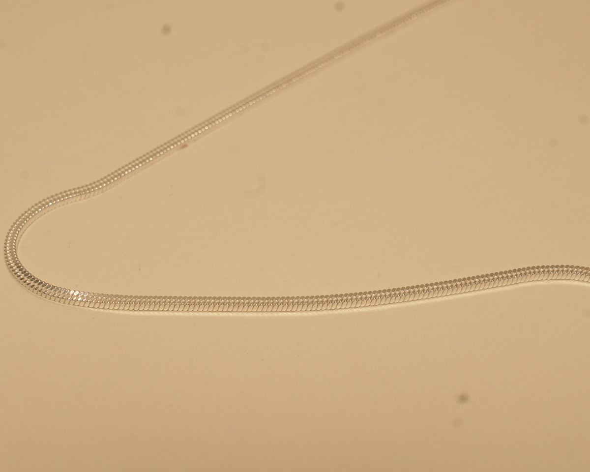 Close view of the silver flat snake chain curving across a pale surface.