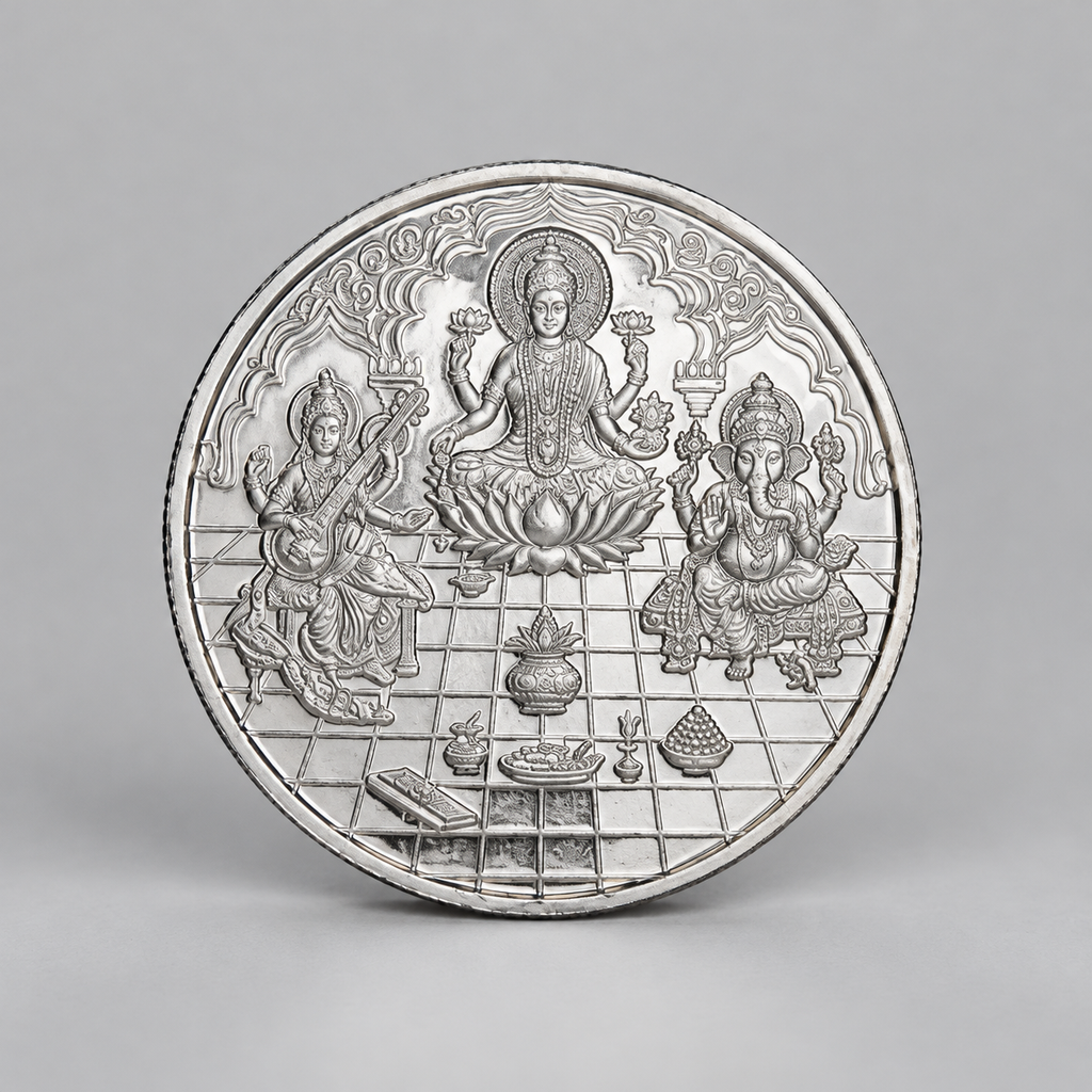 10 gram fine silver coin with Lakshmi on a lotus between Ganesh and Saraswati, on a grey surface.
