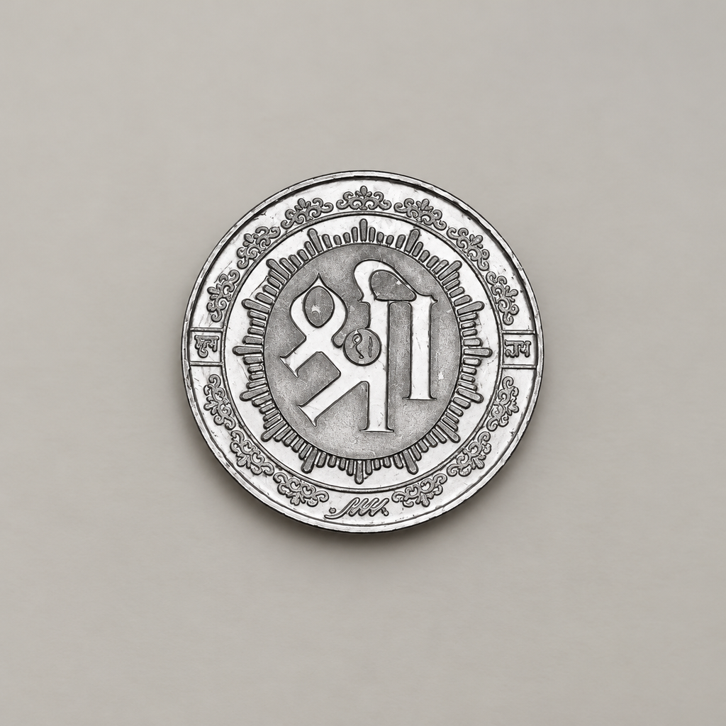 Reverse of the 20 gram silver coin with Shri in Devanagari inside a rayed border.