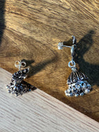 Back of the oxidised peacock jhumkas, showing the posts and the hollow of the domes.