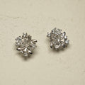 Pair of sterling silver floral cluster stud earrings with pear, baguette and round cubic zirconia set among polished silver leaves, on a pale stone backdrop.