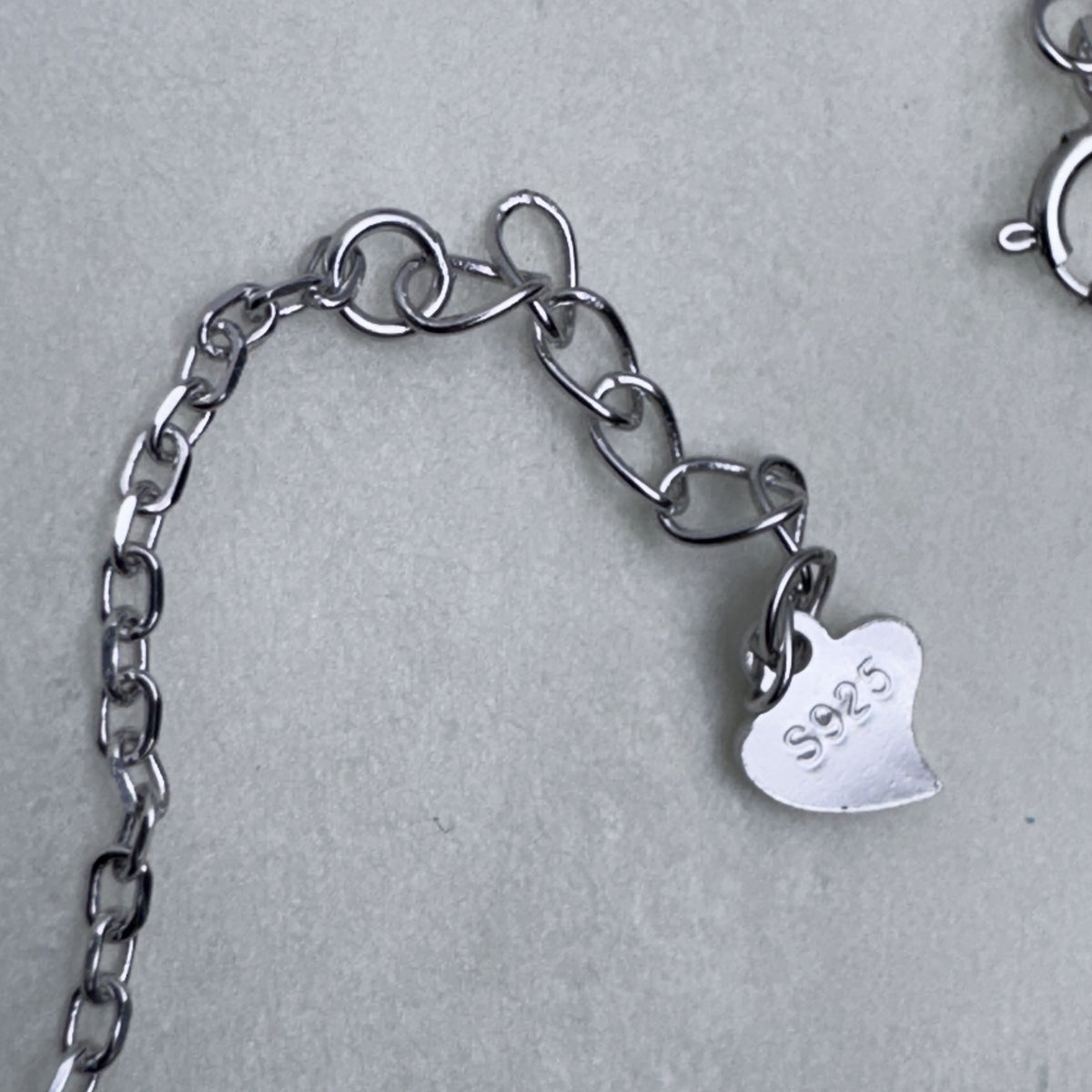The extender chain and heart tag of the green clover necklace.