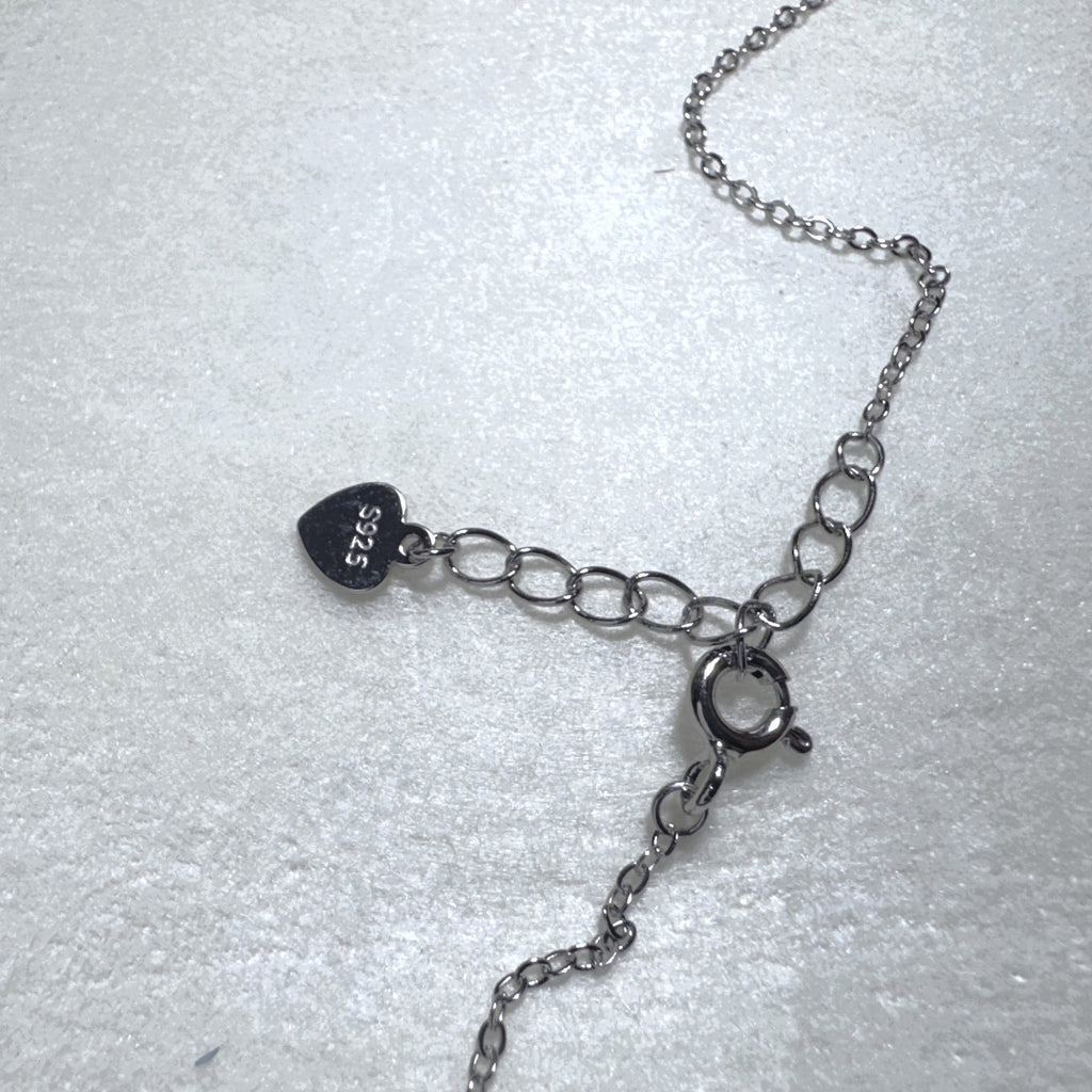 The spring ring clasp, extender chain and heart tag of the necklace.