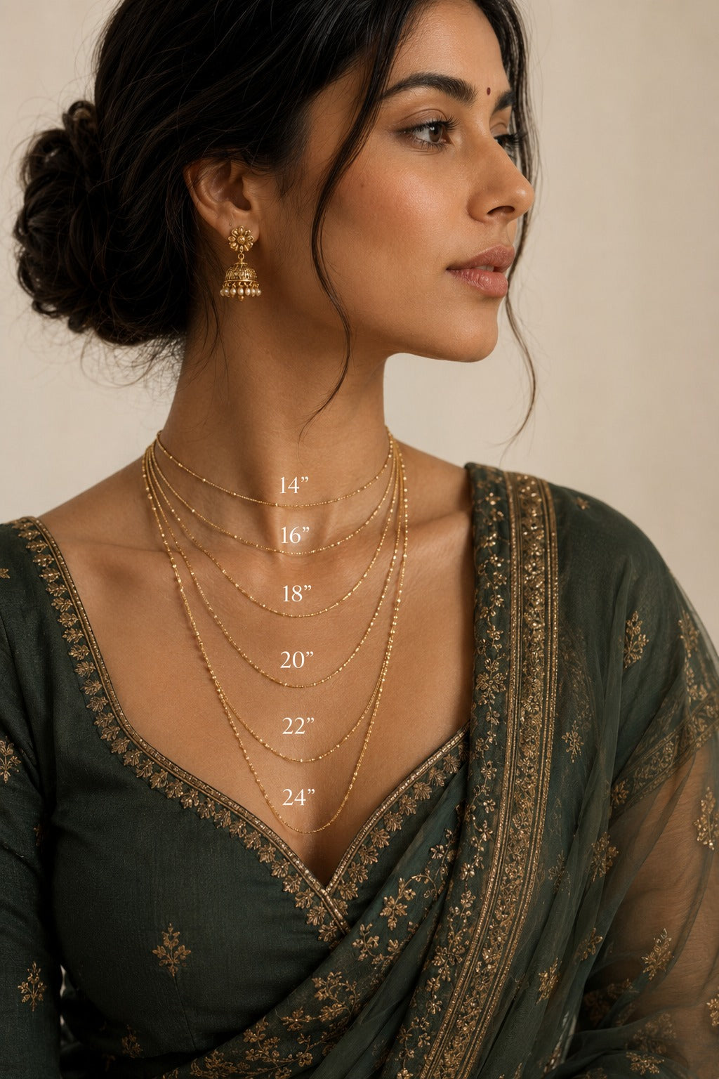 A woman in profile wearing layered gold necklaces and a jhumka earring, with overlaid size labels showing necklace lengths from 14 inches to 24 inches. She is wearing an olive green embroidered blouse and drape against a plain beige background.
