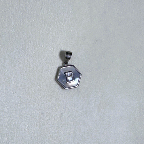 Sterling silver hexagon initial pendant with a mother of pearl face and the letter B.