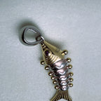 The tri-tone fish pendant with its silver bail, seen from above.
