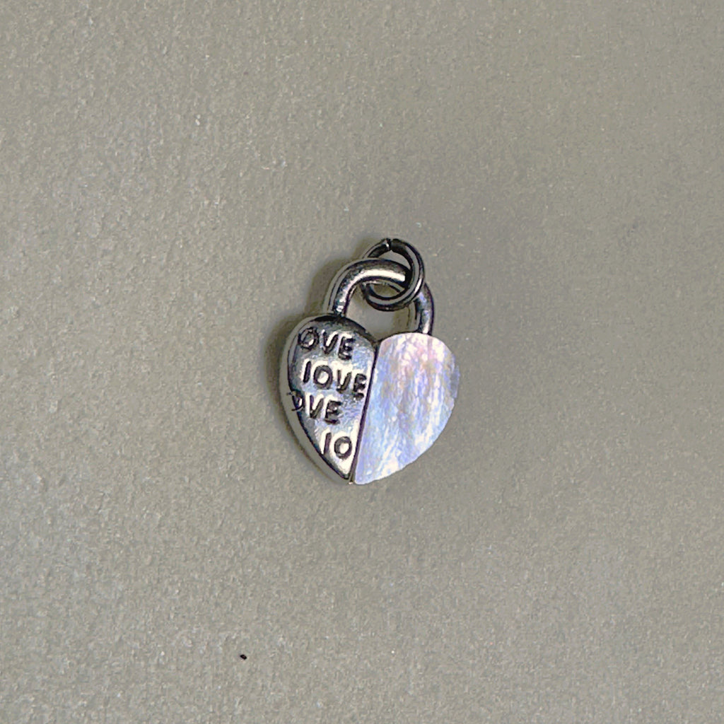 Sterling silver heart padlock charm, half engraved with the word LOVE and half white mother of pearl.