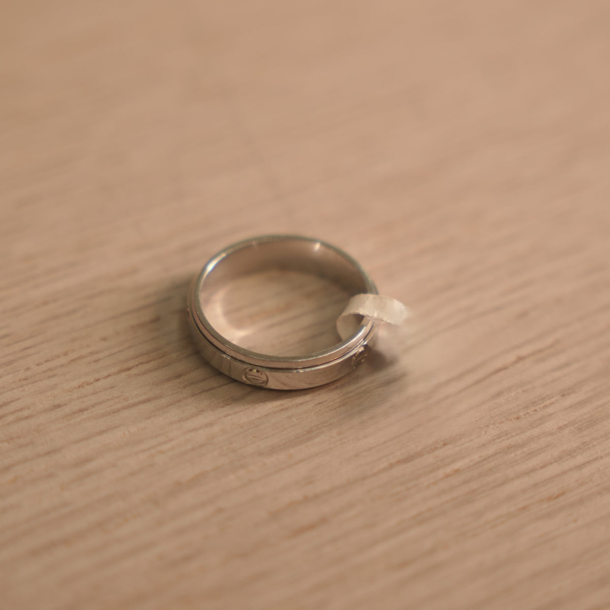 The screw motif spinner ring lying flat, showing the fixed rails either side of the rotating band.