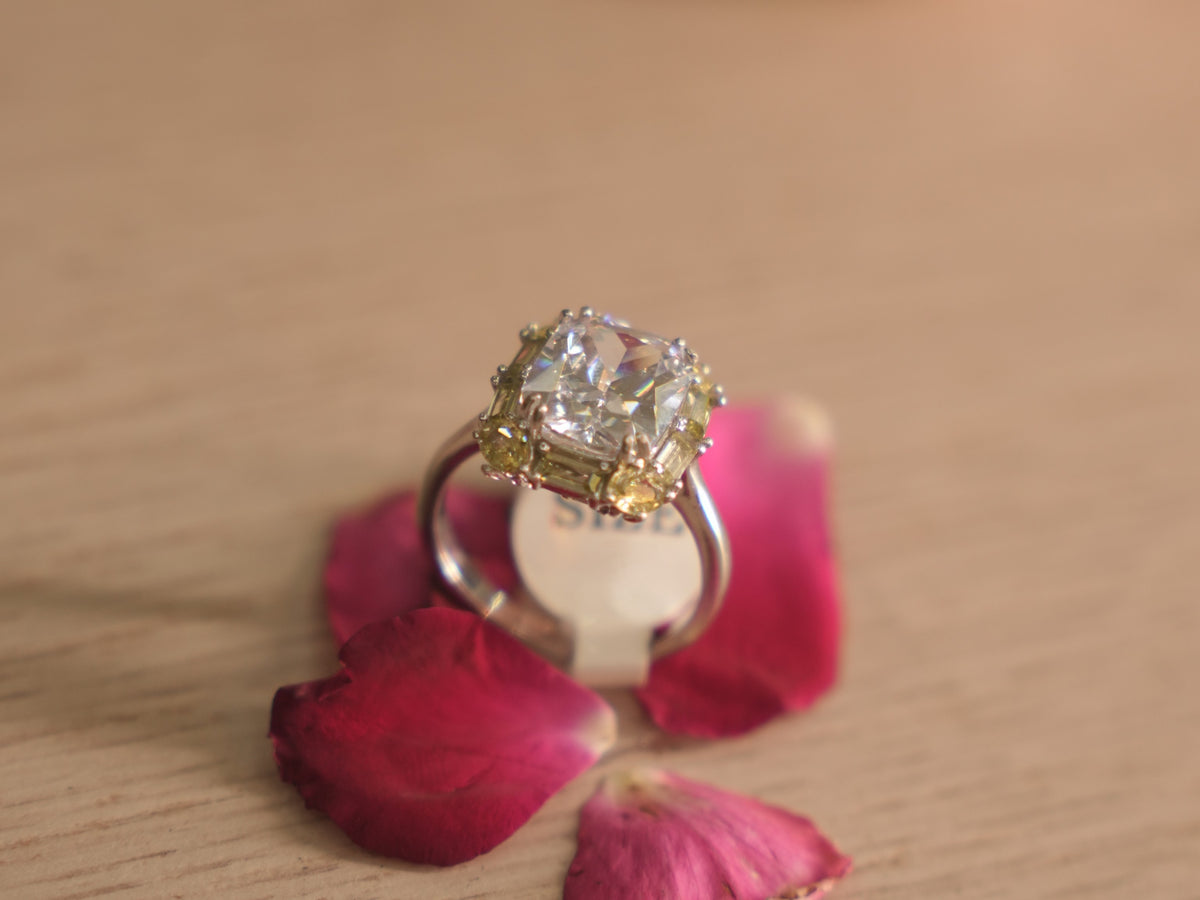 The statement ring at an angle, showing the height of the centre stone.