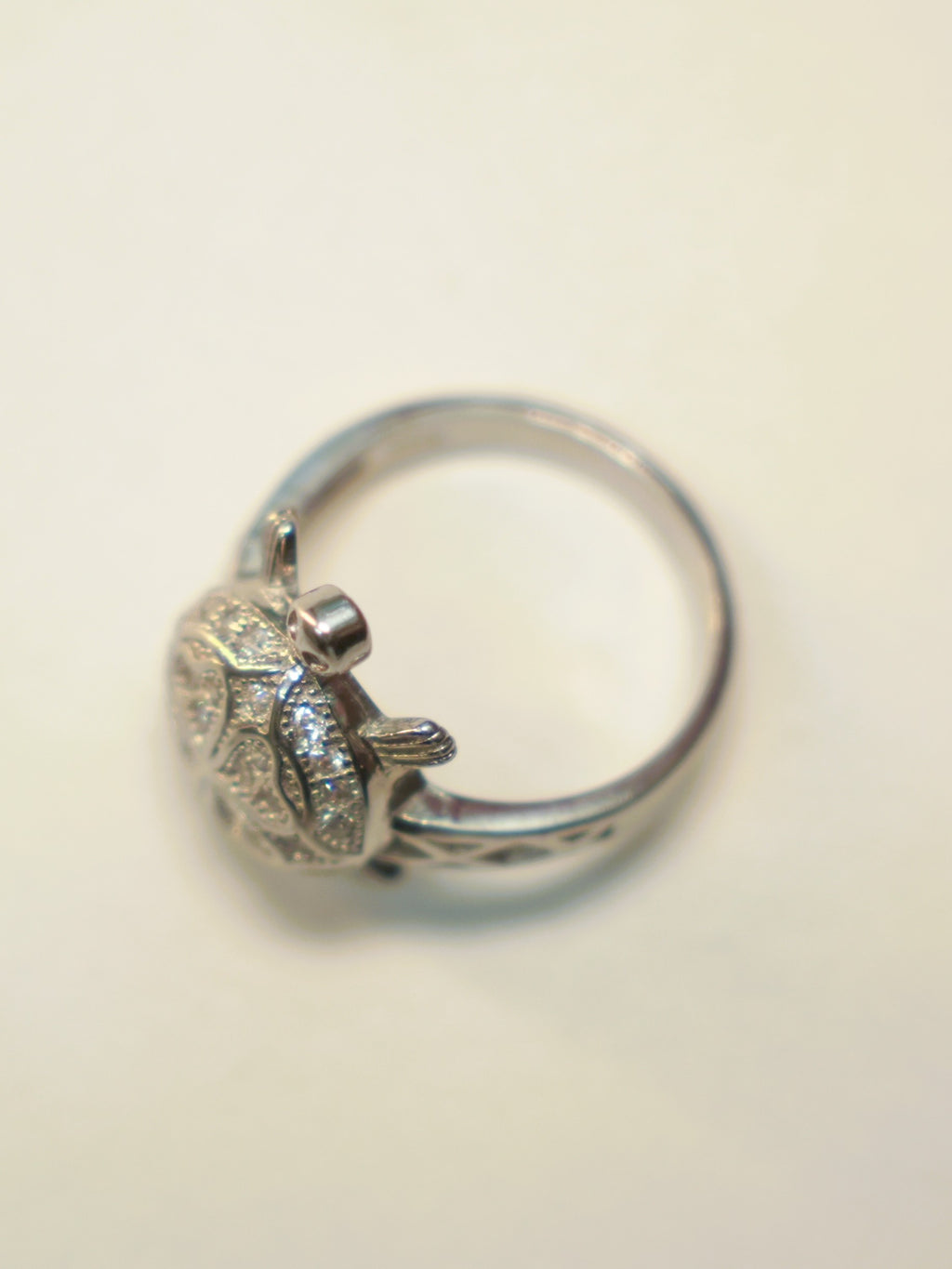 Side view of the tortoise ring, showing the band and the tortoise head.