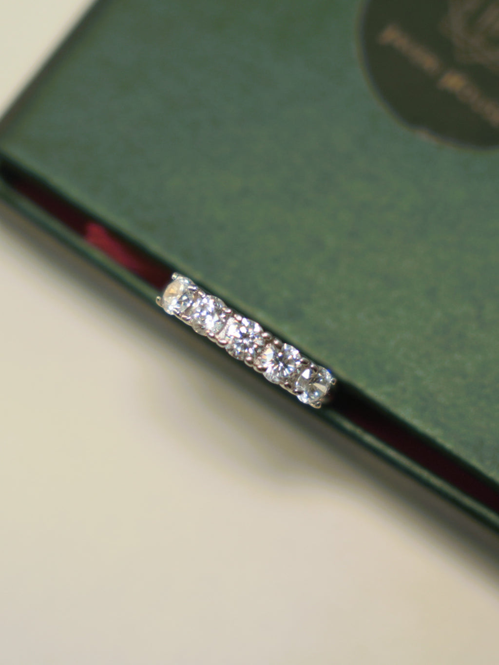 Sterling silver ring with five round colourless stones in a row, seen from above.