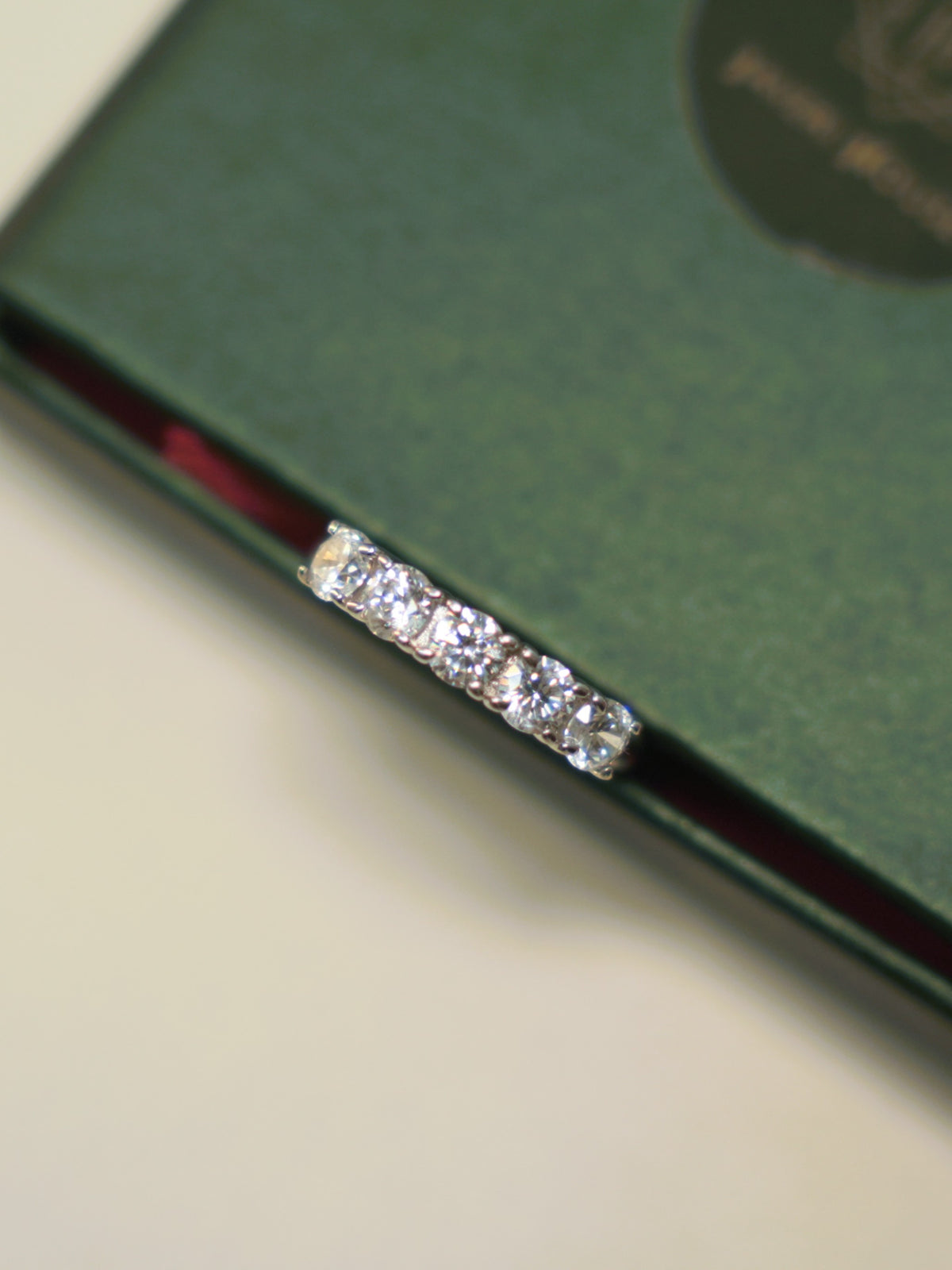 Sterling silver ring with five round colourless stones in a row, seen from above.