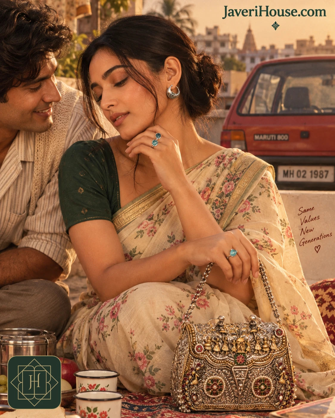 Couple on a rooftop; she wears a silver hoop, two sky-blue stone rings and holds a chased silver purse