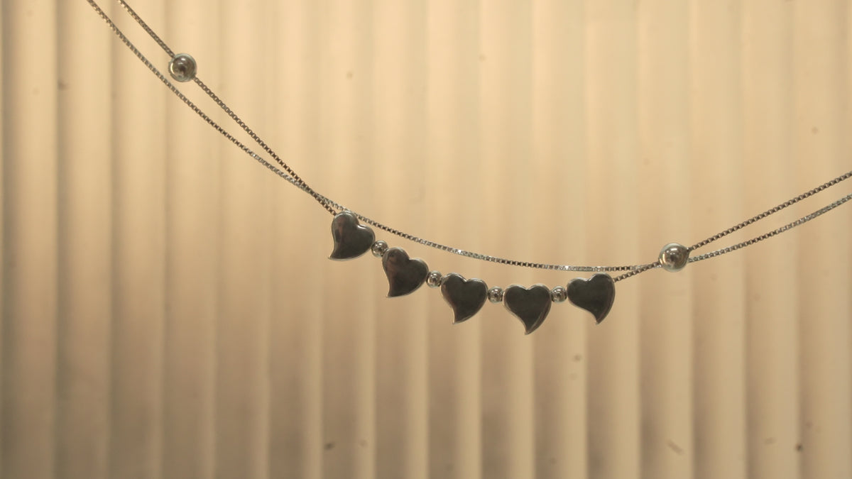 Five Heart Double Strand Silver Payal