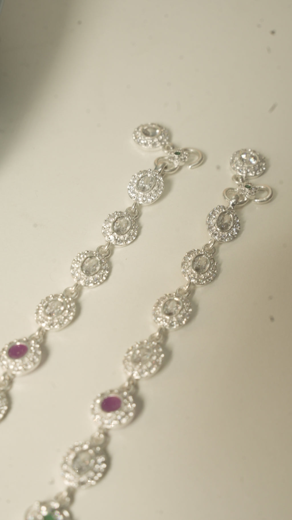 Oval Halo Silver Payal with Pink and Green Stones, a Modern Take on a Traditional Design