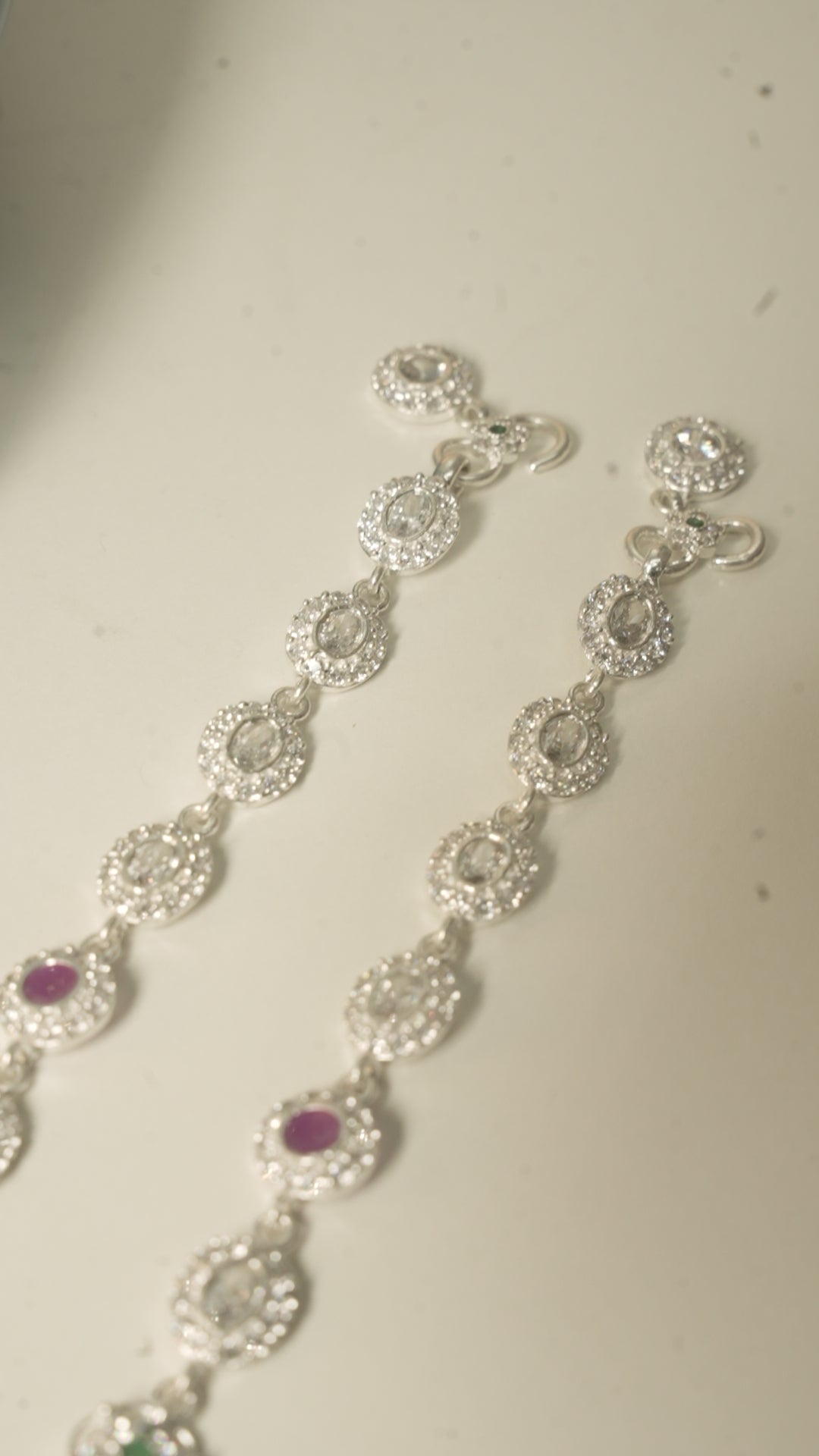 Oval Halo Silver Payal with Pink and Green Stones, a Modern Take on a Traditional Design