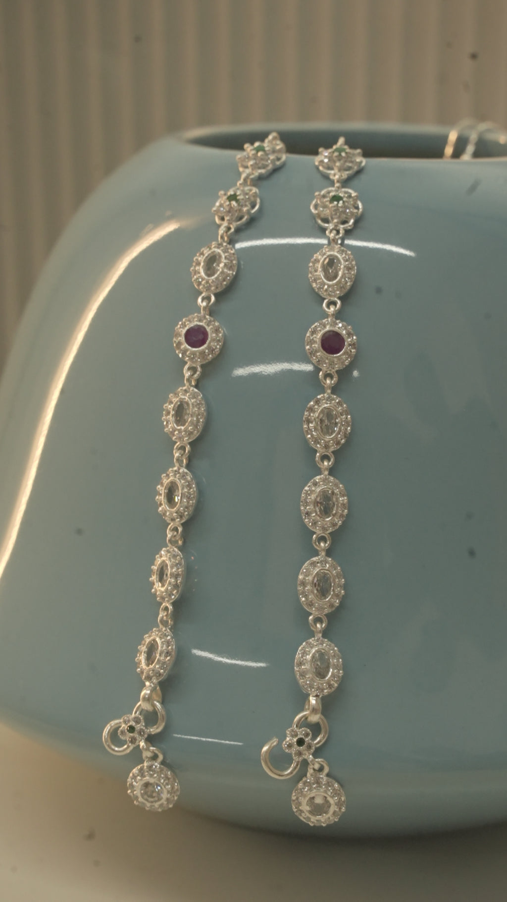 Oval Halo Silver Payal with Pink and Green Stones, a Modern Take on a Traditional Design