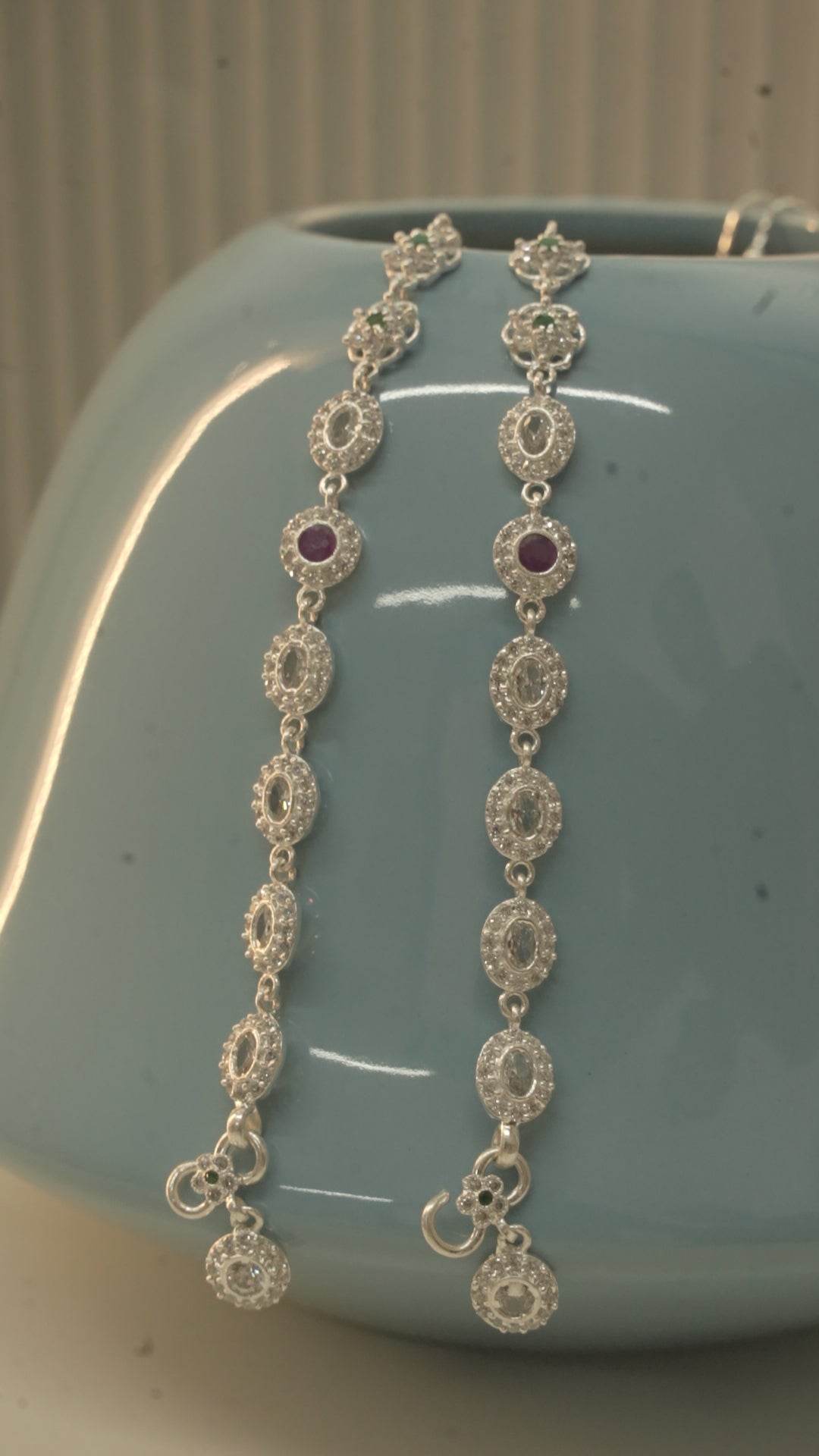Oval Halo Silver Payal with Pink and Green Stones, a Modern Take on a Traditional Design