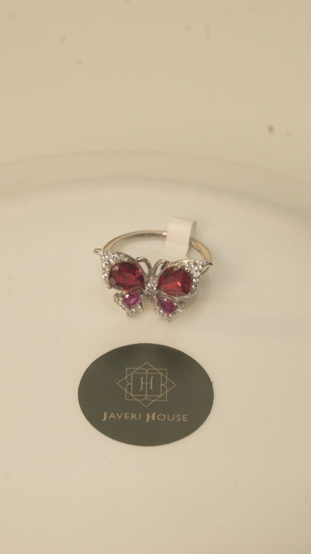 Butterfly Ring with Deep Red and Pink Stones