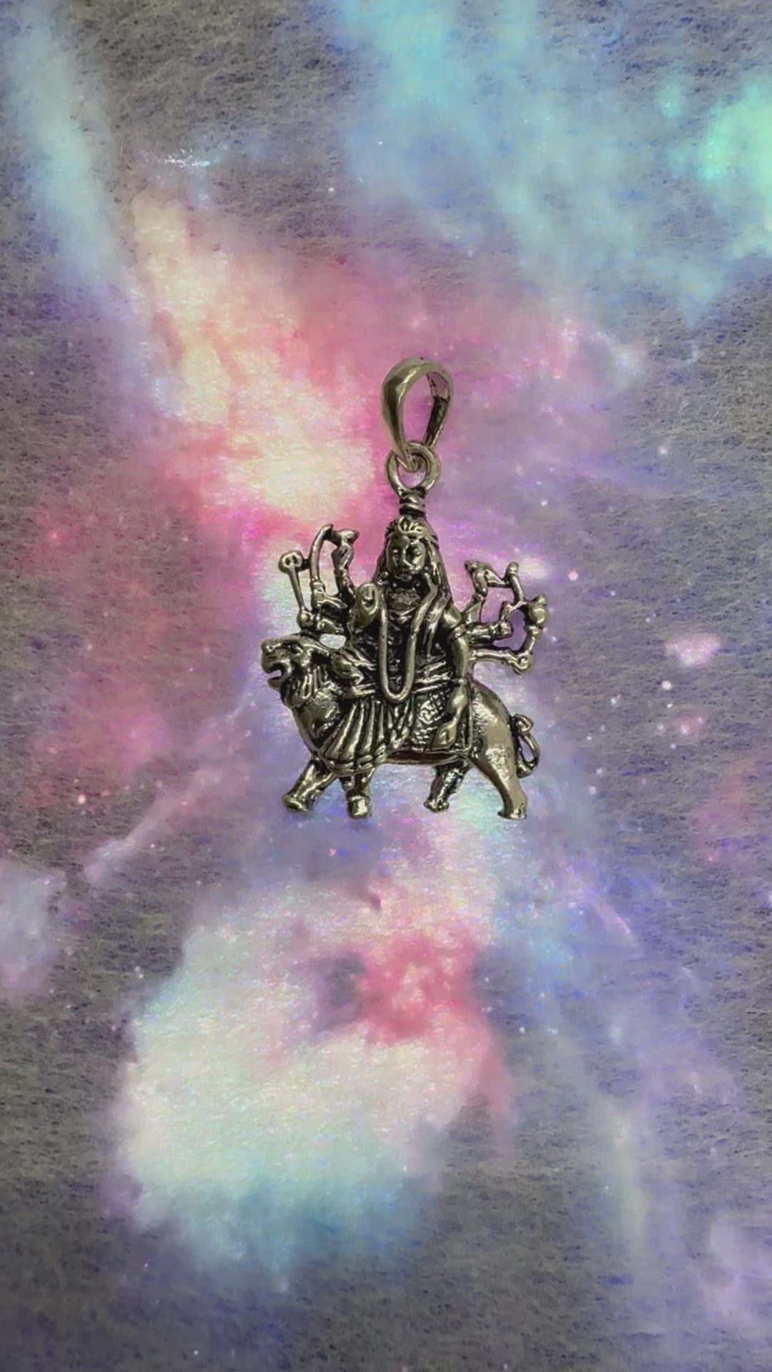 Goddess Durga on Lion Pendant in Antique Silver