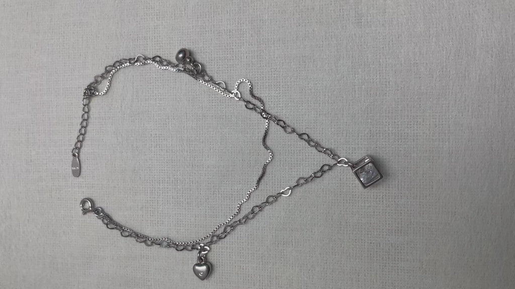 Heart and Cube Charm American Diamond Silver Anklet