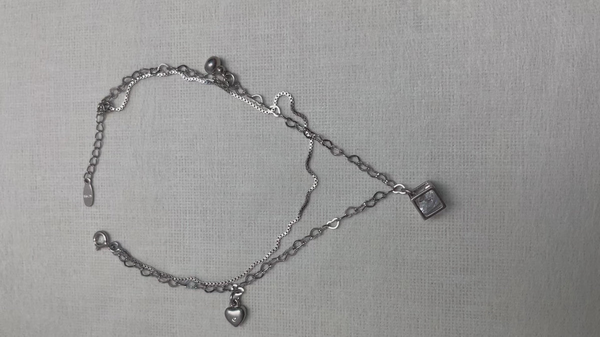 Heart and Cube Charm American Diamond Silver Anklet
