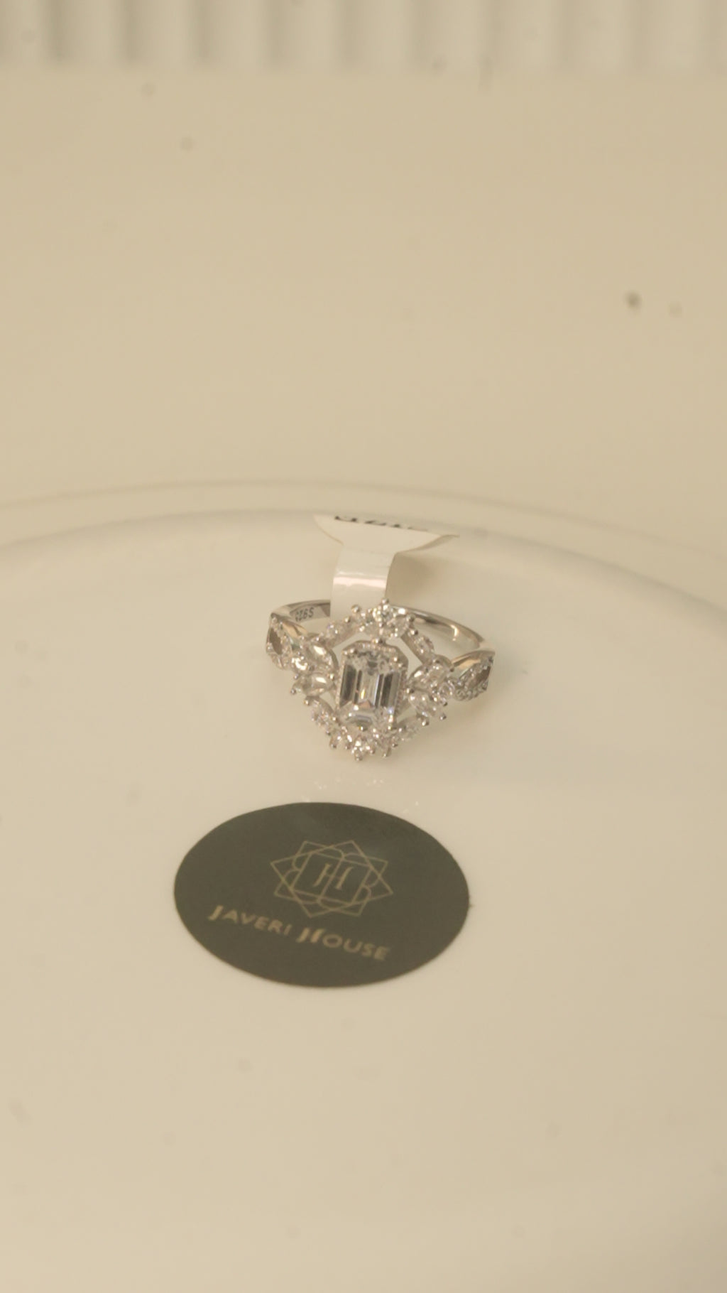 Emerald Cut American Diamond Ring with Floral Halo