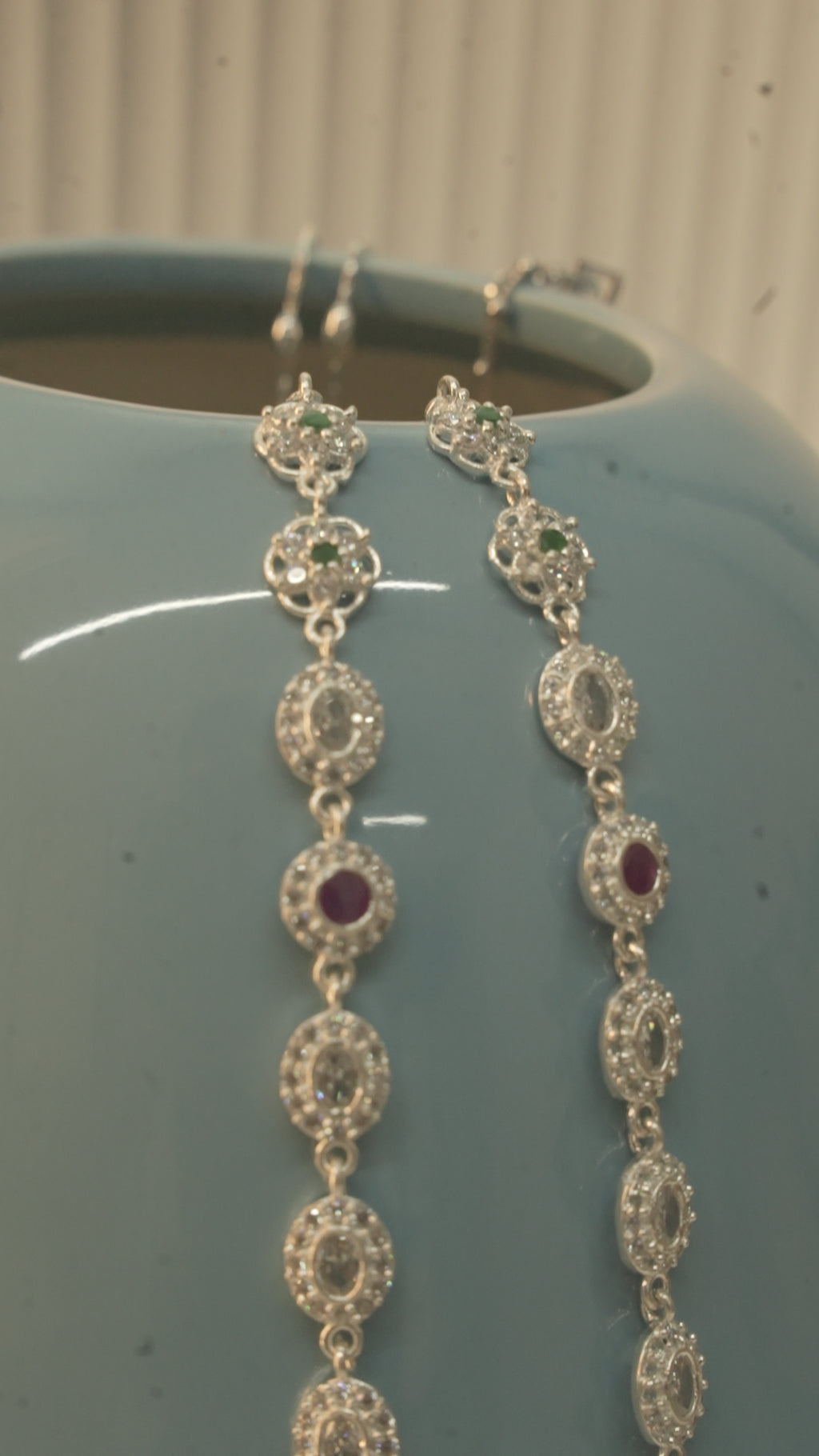 Oval Halo Silver Payal with Pink and Green Stones, a Modern Take on a Traditional Design