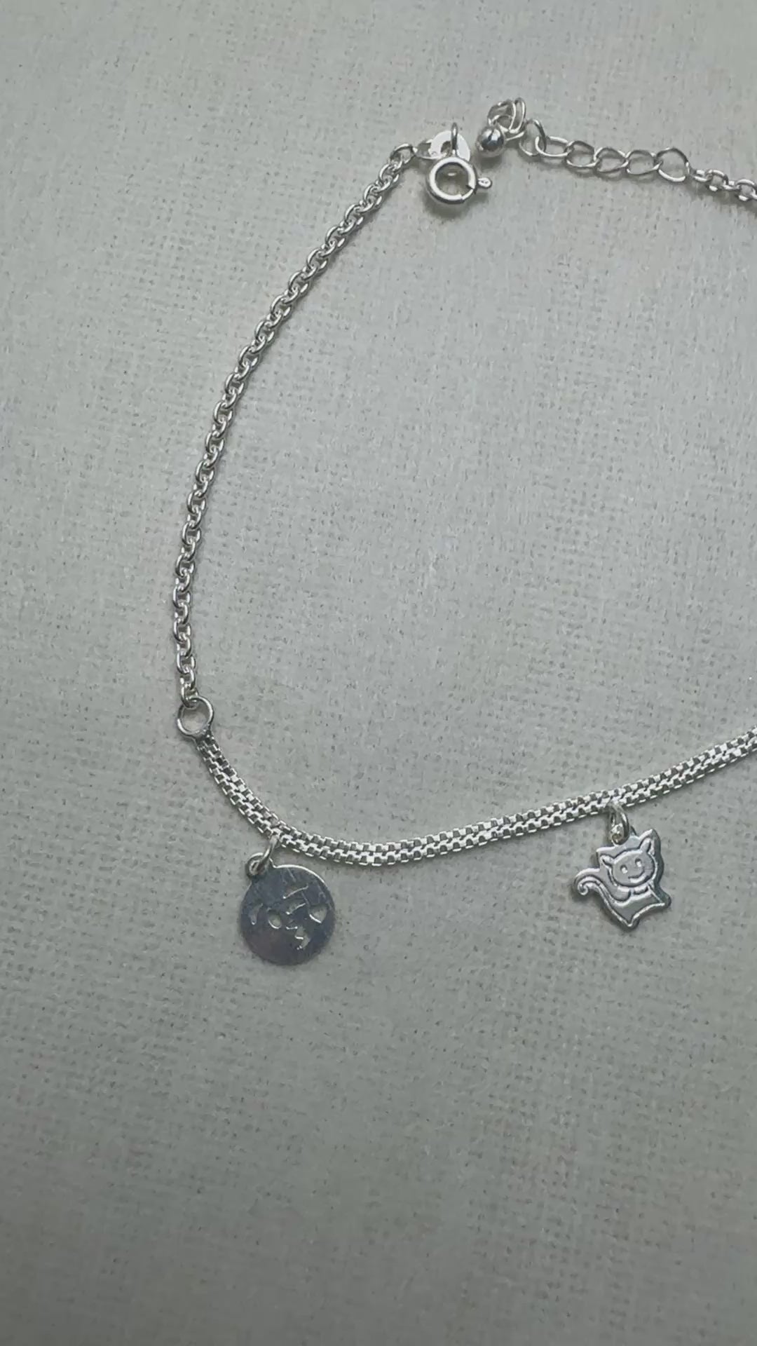 Emoji and Cat Charm Silver Anklet