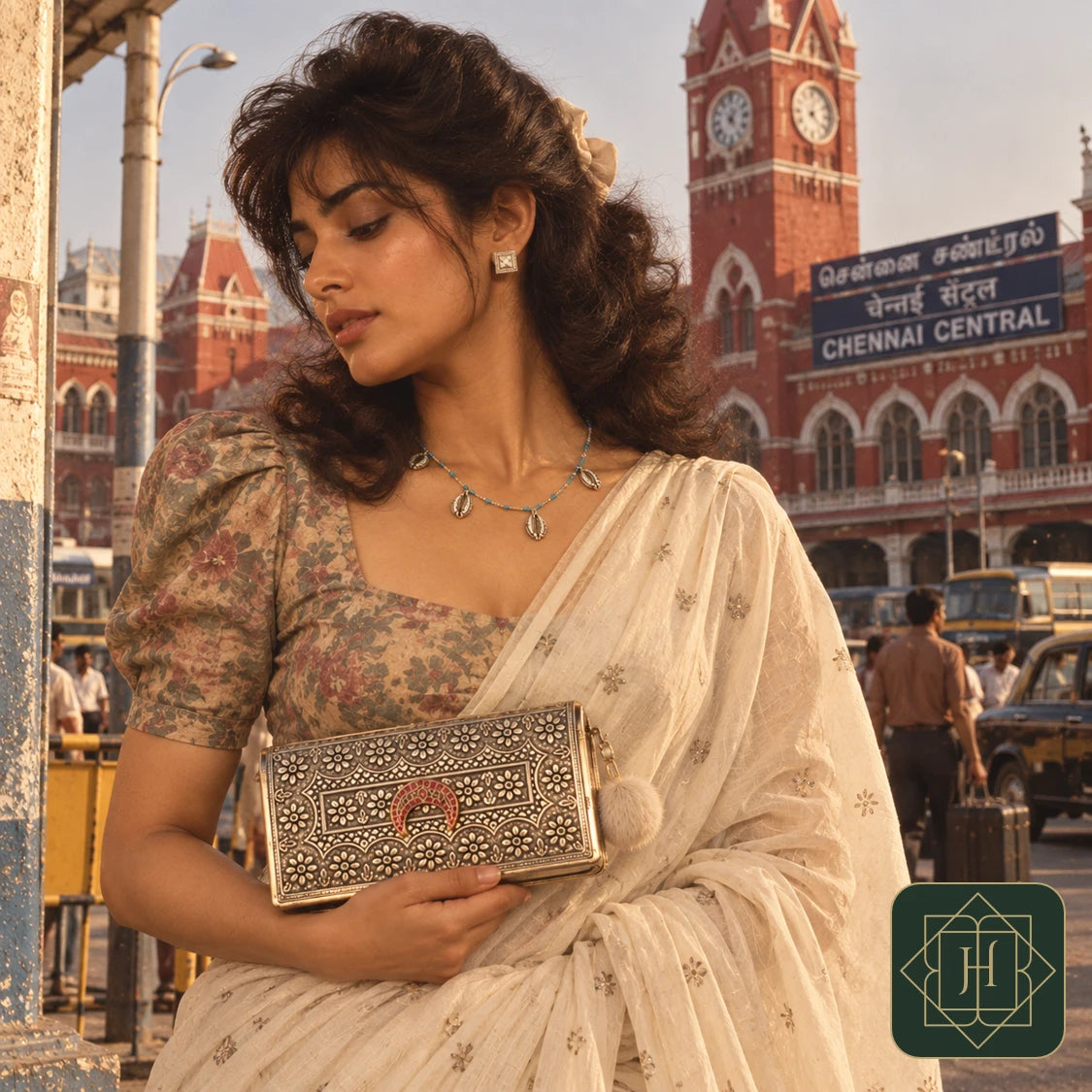 Model at Chennai Central wearing a cowrie shell chain and square studs, holding an oxidised silver clutch